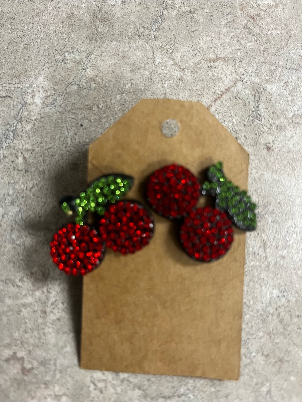 Red Cherry Crystal Stud Earrings with Green Leaf Accents